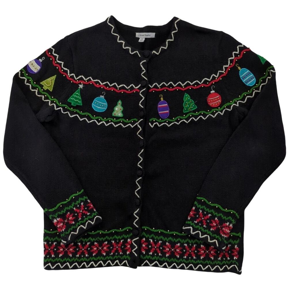Mercer Street Studio Black Multicolor Beaded Ornament Holiday Cardigan Size M